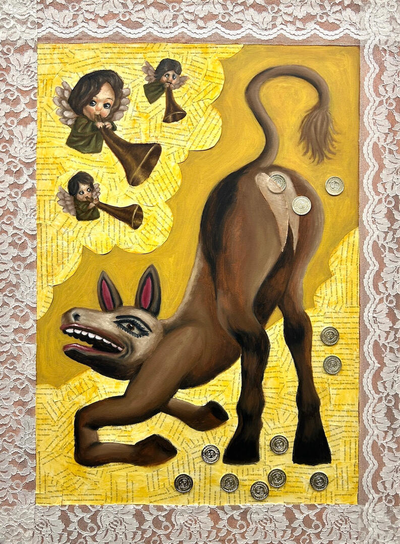 "Bricklebrit" oil and collage on canvas, 30'' x 40'', 2024